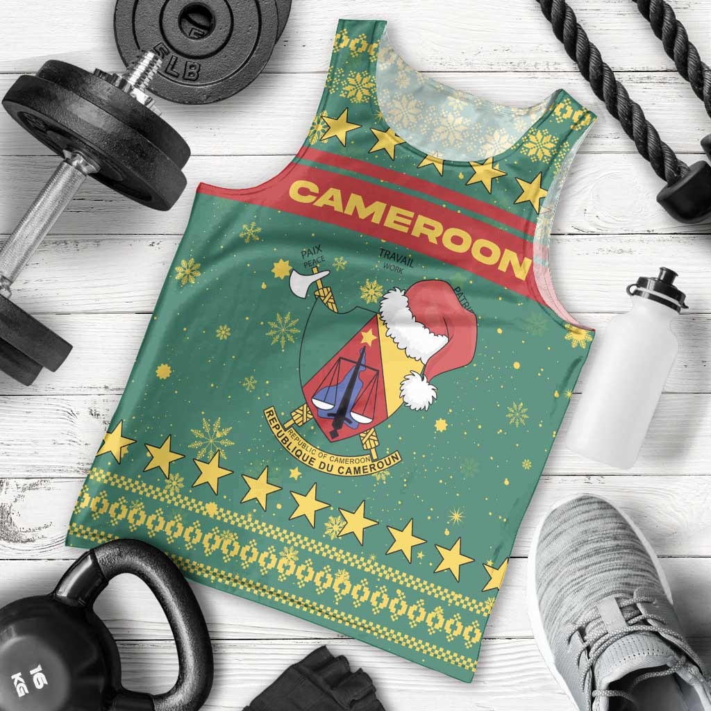 Cameroon Christmas Men Tank Top with Green Red Pattern Coat of Arms Santa Hat and Stars Motif - Wonder Print Shop