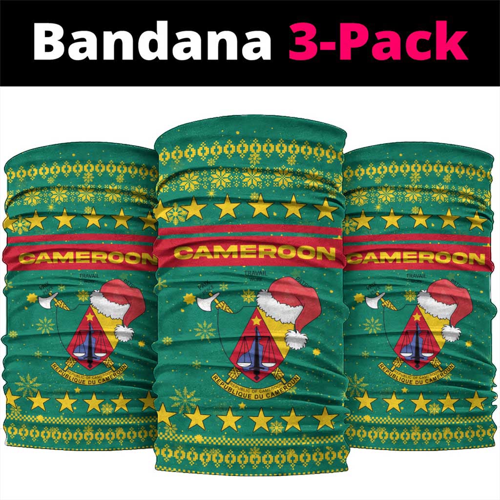Cameroon Christmas Neck Gaiter with Green Red Pattern Coat of Arms Santa Hat and Stars Motif - Wonder Print Shop