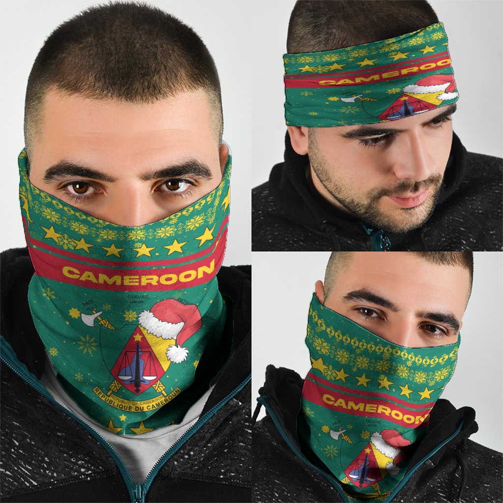 Cameroon Christmas Neck Gaiter with Green Red Pattern Coat of Arms Santa Hat and Stars Motif - Wonder Print Shop