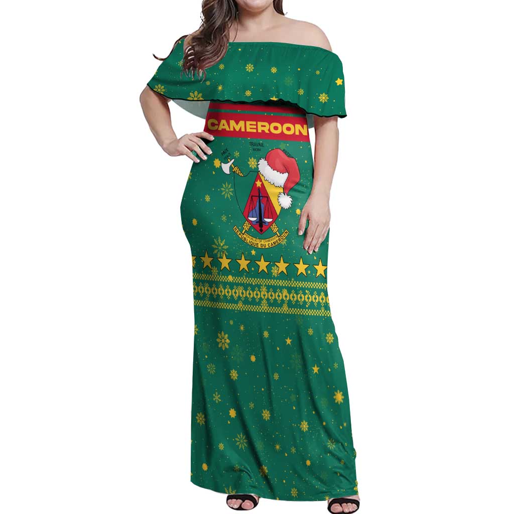 Cameroon Christmas Off Shoulder Maxi Dress with Green Red Pattern Coat of Arms Santa Hat and Stars Motif - Wonder Print Shop