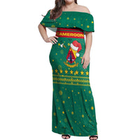 Cameroon Christmas Off Shoulder Maxi Dress with Green Red Pattern Coat of Arms Santa Hat and Stars Motif - Wonder Print Shop