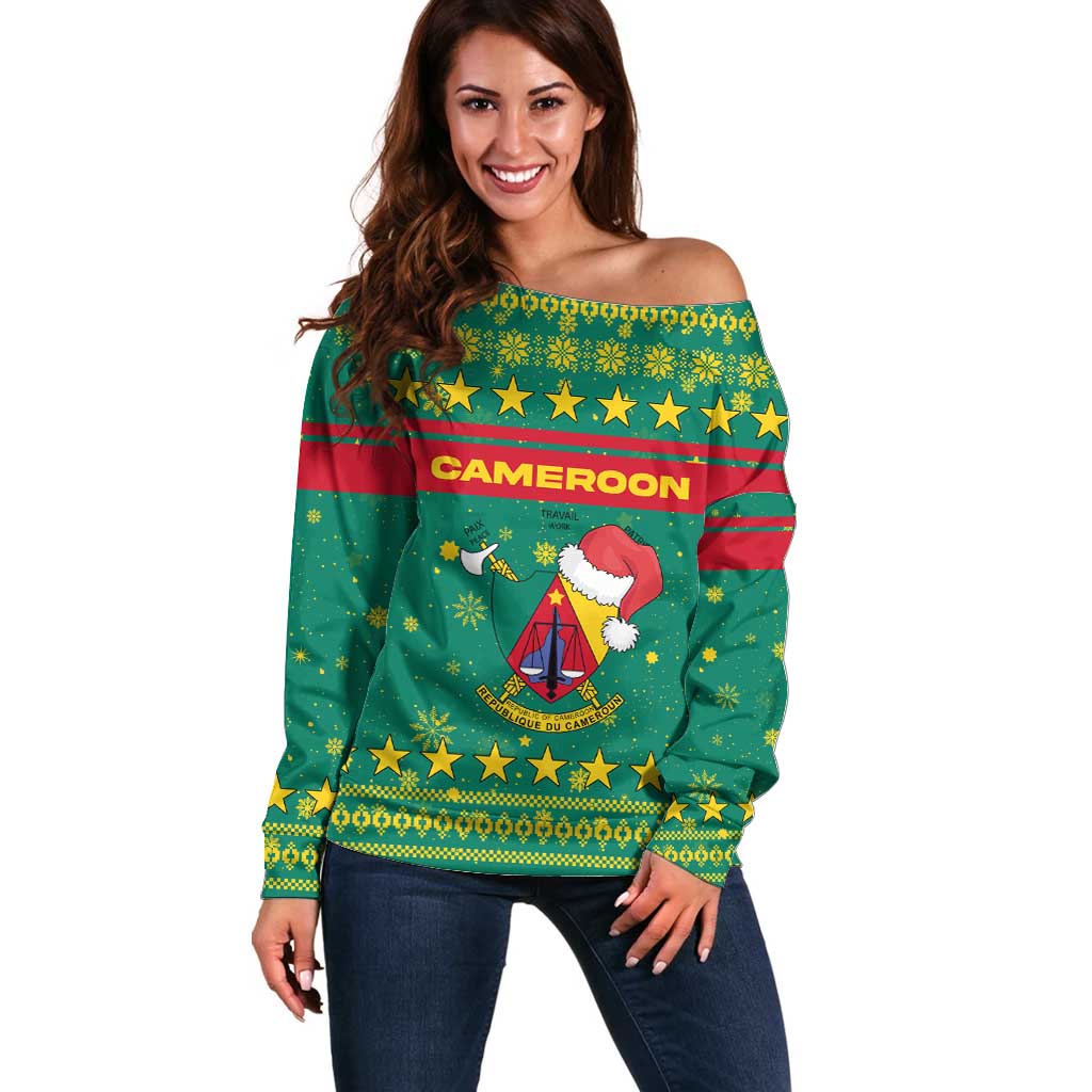 Cameroon Christmas Off Shoulder Sweater with Green Red Pattern Coat of Arms Santa Hat and Stars Motif - Wonder Print Shop