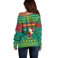 Cameroon Christmas Off Shoulder Sweater with Green Red Pattern Coat of Arms Santa Hat and Stars Motif - Wonder Print Shop