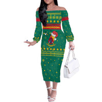 Cameroon Christmas Off The Shoulder Long Sleeve Dress with Green Red Pattern Coat of Arms Santa Hat and Stars Motif - Wonder Print Shop