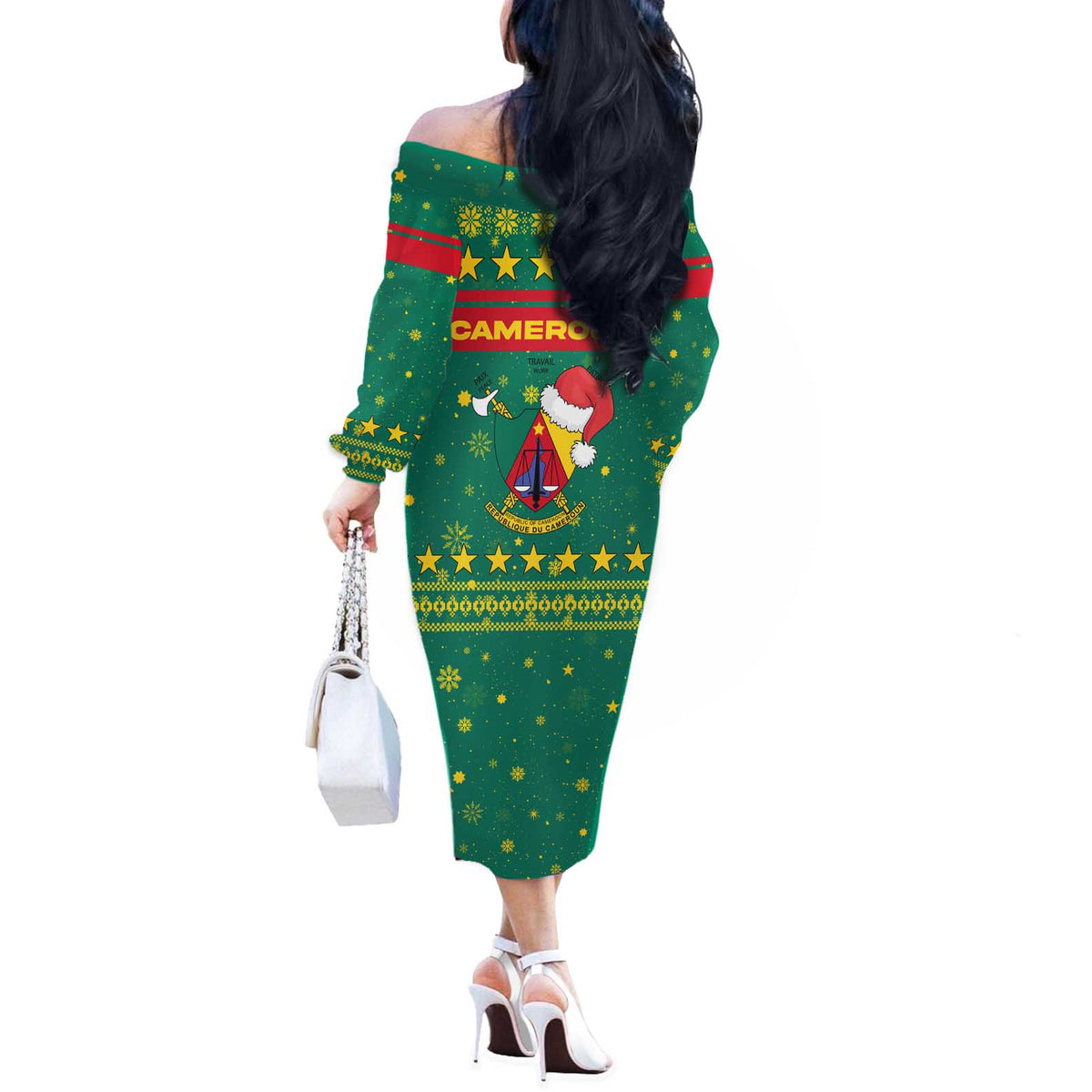 Cameroon Christmas Off The Shoulder Long Sleeve Dress with Green Red Pattern Coat of Arms Santa Hat and Stars Motif - Wonder Print Shop