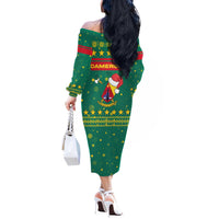Cameroon Christmas Off The Shoulder Long Sleeve Dress with Green Red Pattern Coat of Arms Santa Hat and Stars Motif - Wonder Print Shop