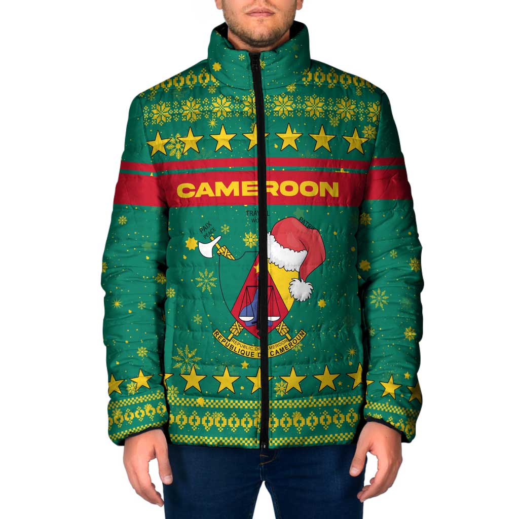 Cameroon Christmas Padded Jacket with Green Red Pattern Coat of Arms Santa Hat and Stars Motif - Wonder Print Shop