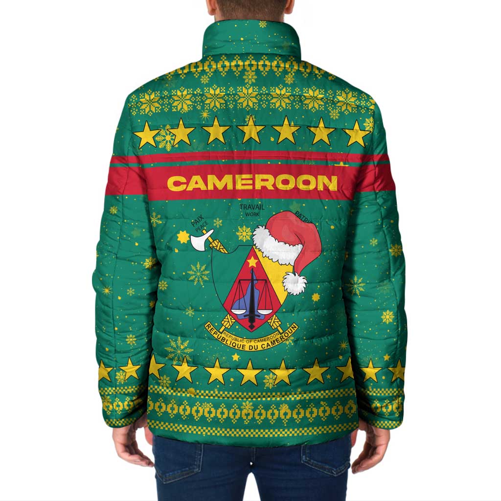 Cameroon Christmas Padded Jacket with Green Red Pattern Coat of Arms Santa Hat and Stars Motif - Wonder Print Shop