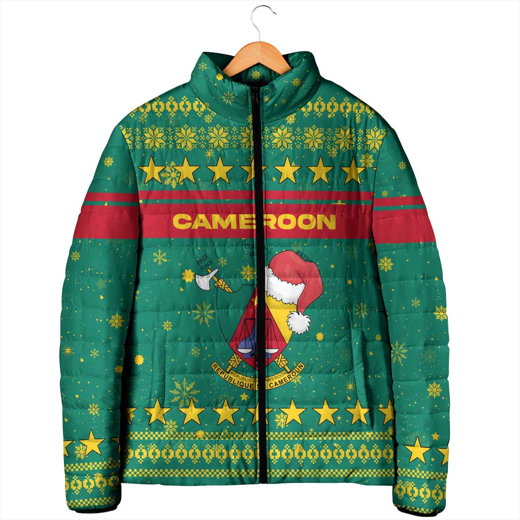 Cameroon Christmas Padded Jacket with Green Red Pattern Coat of Arms Santa Hat and Stars Motif - Wonder Print Shop