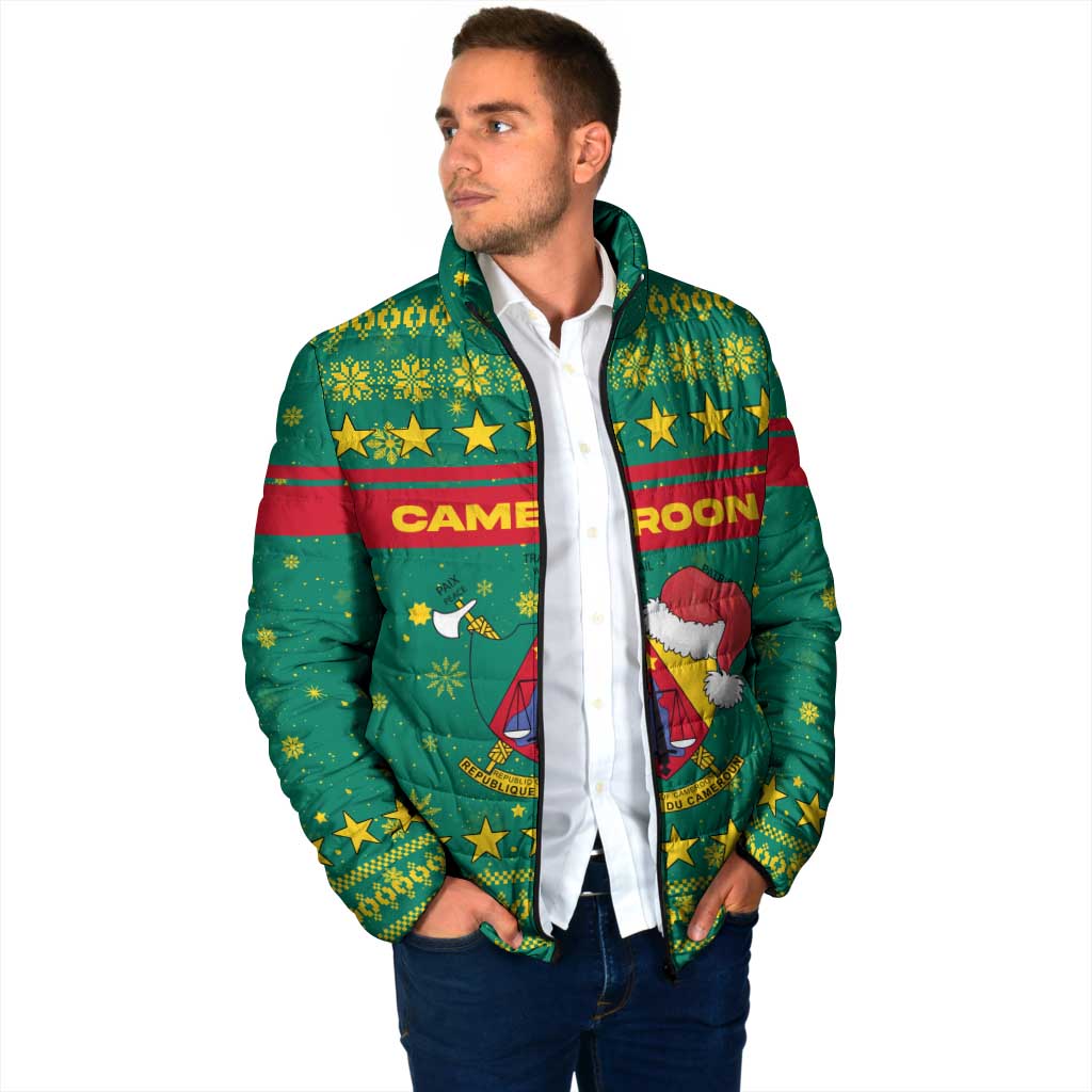 Cameroon Christmas Padded Jacket with Green Red Pattern Coat of Arms Santa Hat and Stars Motif - Wonder Print Shop