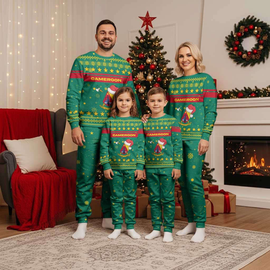 Cameroon Christmas Pajama Set with Green Red Pattern Coat of Arms Santa Hat and Stars Motif - Wonder Print Shop