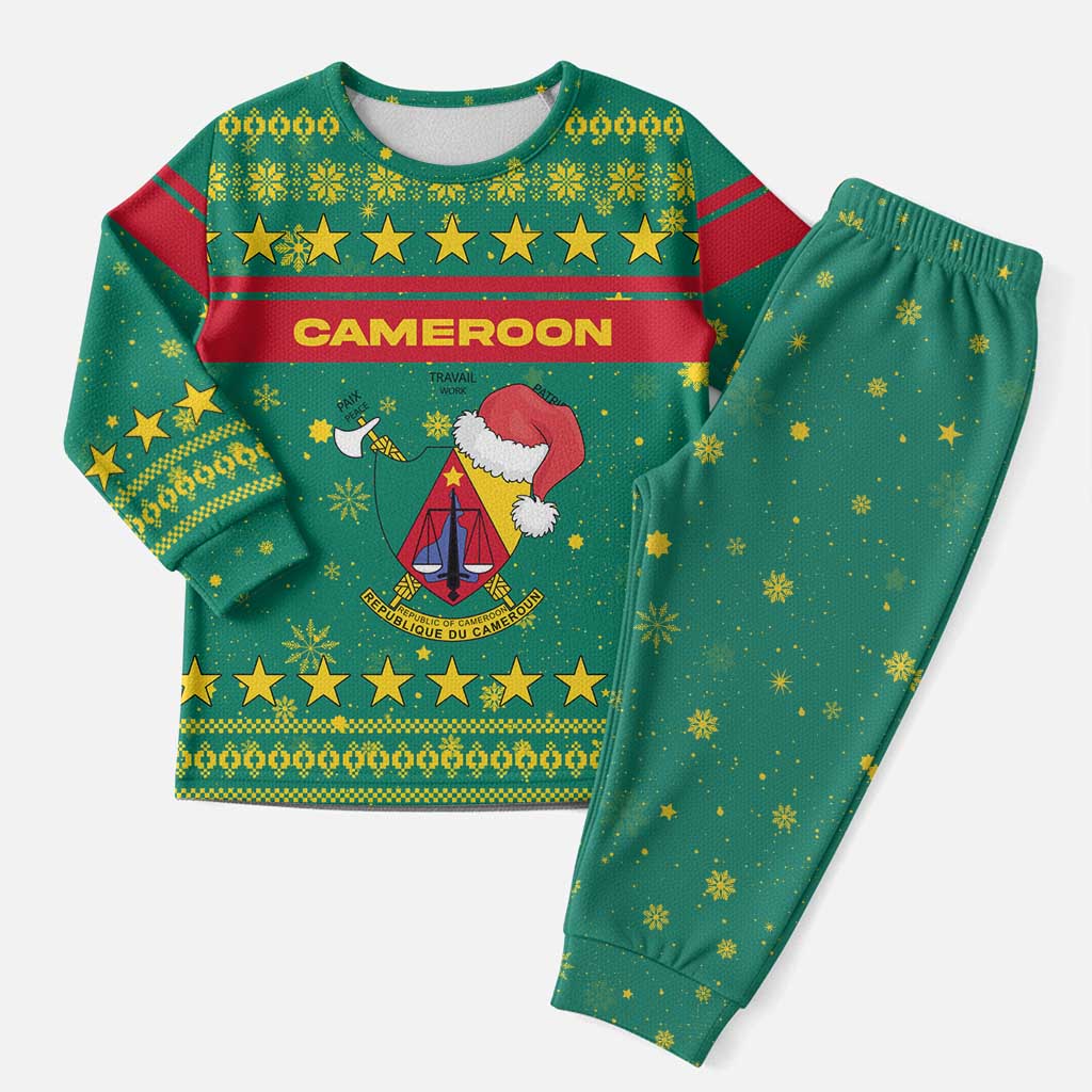 Cameroon Christmas Pajama Set with Green Red Pattern Coat of Arms Santa Hat and Stars Motif - Wonder Print Shop
