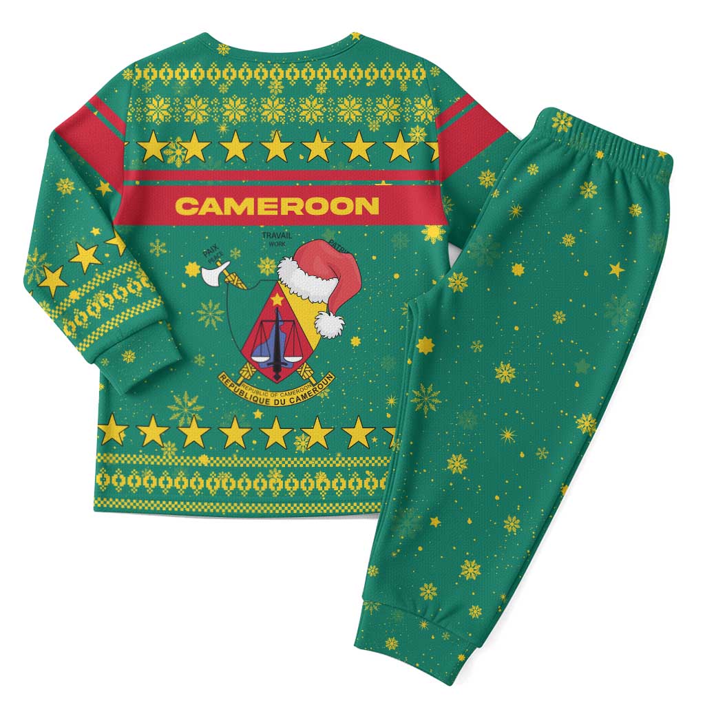 Cameroon Christmas Pajama Set with Green Red Pattern Coat of Arms Santa Hat and Stars Motif - Wonder Print Shop