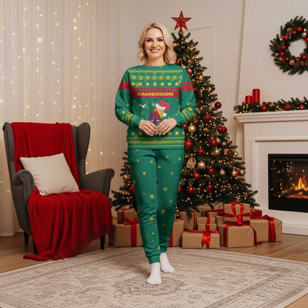 Cameroon Christmas Pajama Set with Green Red Pattern Coat of Arms Santa Hat and Stars Motif - Wonder Print Shop