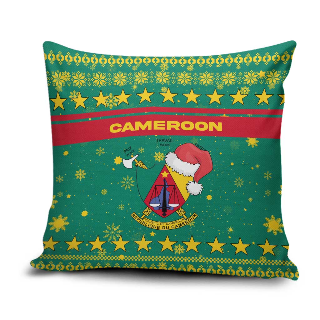 Cameroon Christmas Pillow Cover with Green Red Pattern Coat of Arms Santa Hat and Stars Motif - Wonder Print Shop