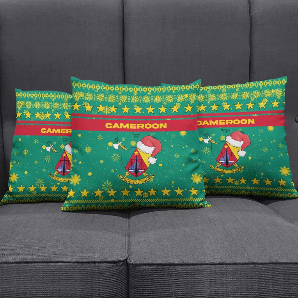 Cameroon Christmas Pillow Cover with Green Red Pattern Coat of Arms Santa Hat and Stars Motif - Wonder Print Shop
