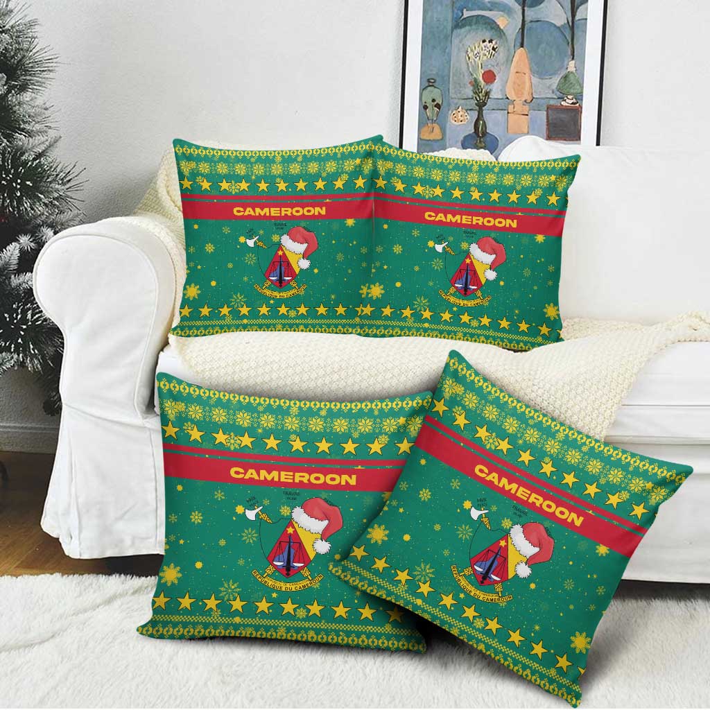 Cameroon Christmas Pillow Cover with Green Red Pattern Coat of Arms Santa Hat and Stars Motif - Wonder Print Shop