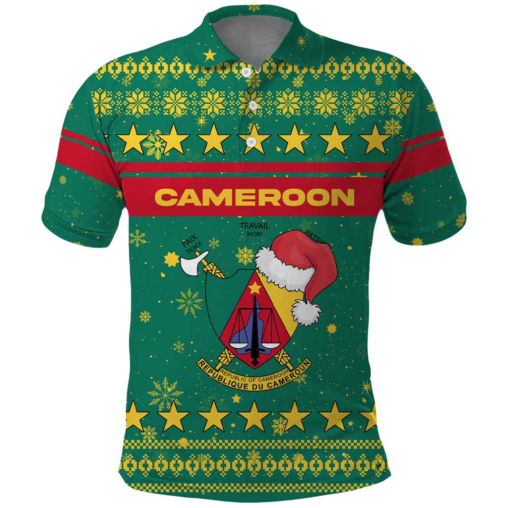 Cameroon Christmas Polo Shirt with Green Red Pattern Coat of Arms Santa Hat and Stars Motif - Wonder Print Shop