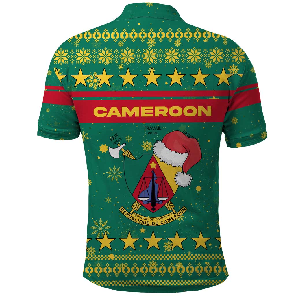 Cameroon Christmas Polo Shirt with Green Red Pattern Coat of Arms Santa Hat and Stars Motif - Wonder Print Shop