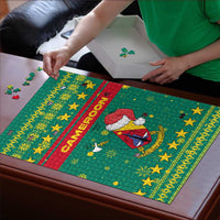 Cameroon Christmas Puzzle with Green Red Pattern Coat of Arms Santa Hat and Stars Motif - Wonder Print Shop