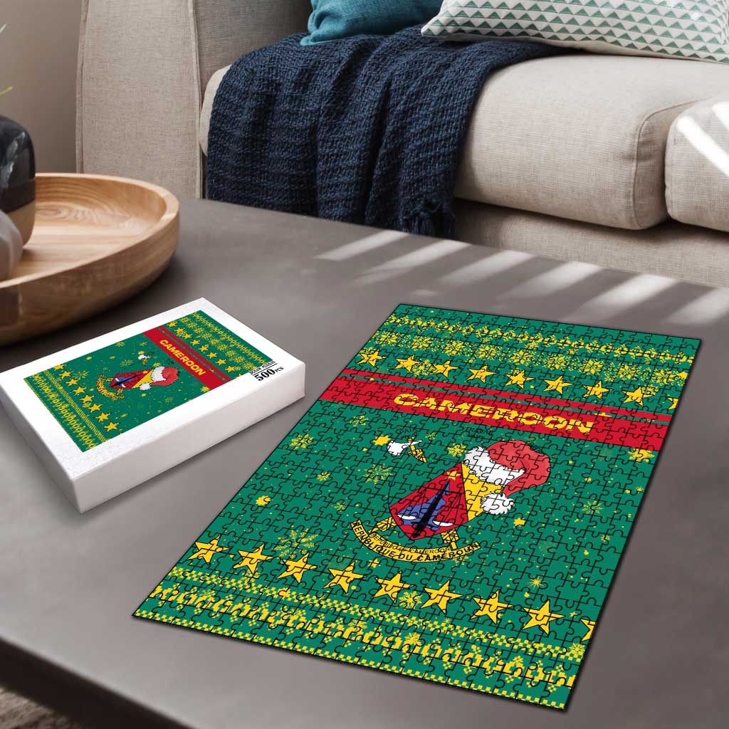 Cameroon Christmas Puzzle with Green Red Pattern Coat of Arms Santa Hat and Stars Motif - Wonder Print Shop
