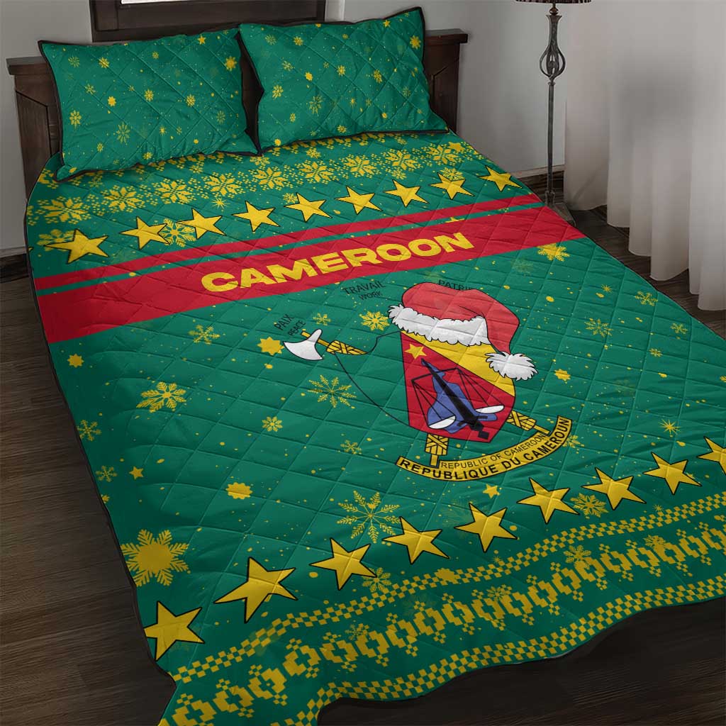 Cameroon Christmas Quilt Bed Set with Green Red Pattern Coat of Arms Santa Hat and Stars Motif - Wonder Print Shop