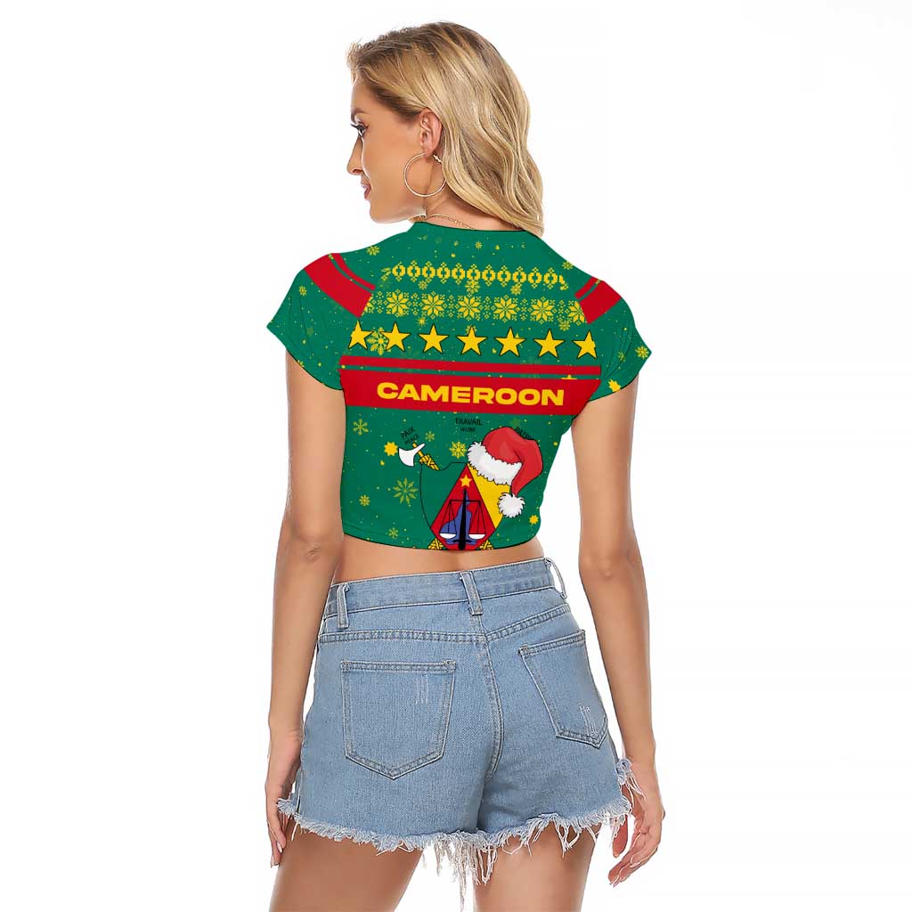 Cameroon Christmas Raglan Cropped T Shirt with Green Red Pattern Coat of Arms Santa Hat and Stars Motif - Wonder Print Shop