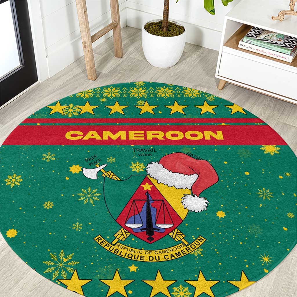 Cameroon Christmas Round Carpet with Green Red Pattern Coat of Arms Santa Hat and Stars Motif - Wonder Print Shop