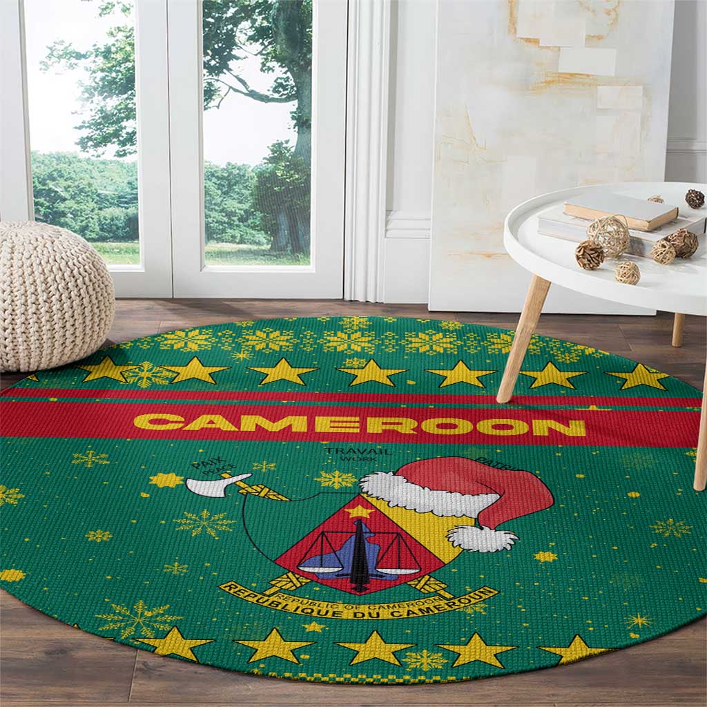 Cameroon Christmas Round Carpet with Green Red Pattern Coat of Arms Santa Hat and Stars Motif - Wonder Print Shop