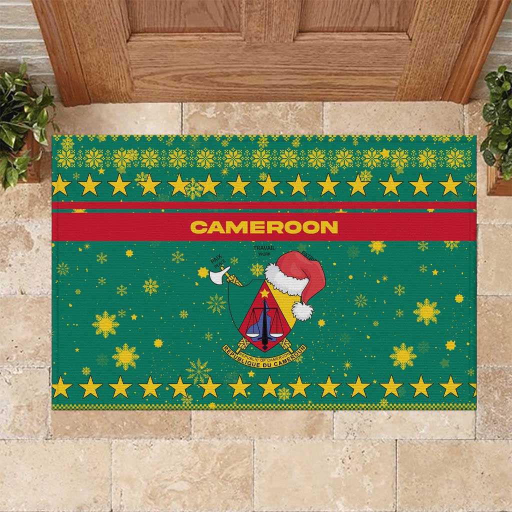Cameroon Christmas Rubber Doormat with Green Red Pattern Coat of Arms Santa Hat and Stars Motif - Wonder Print Shop