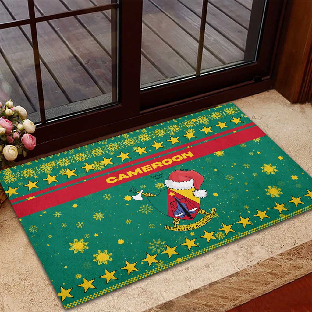 Cameroon Christmas Rubber Doormat with Green Red Pattern Coat of Arms Santa Hat and Stars Motif - Wonder Print Shop