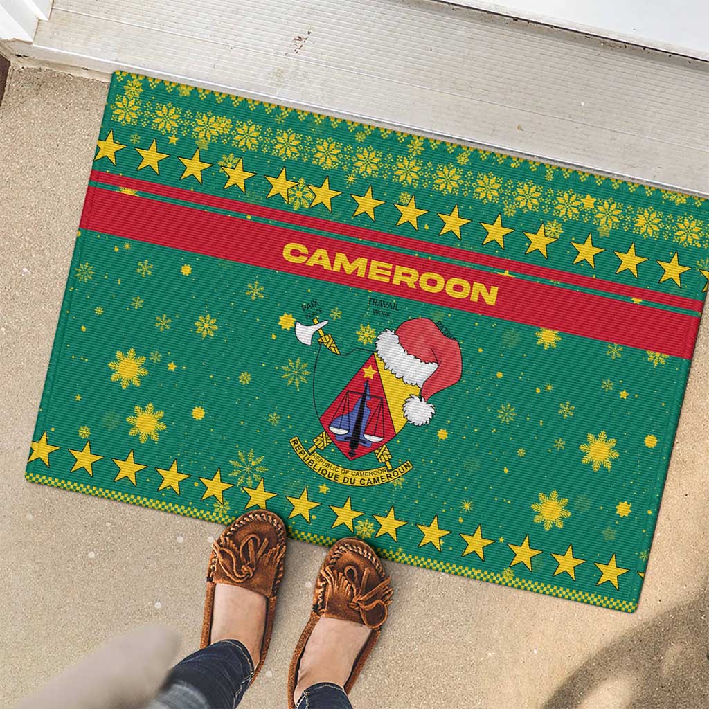 Cameroon Christmas Rubber Doormat with Green Red Pattern Coat of Arms Santa Hat and Stars Motif - Wonder Print Shop