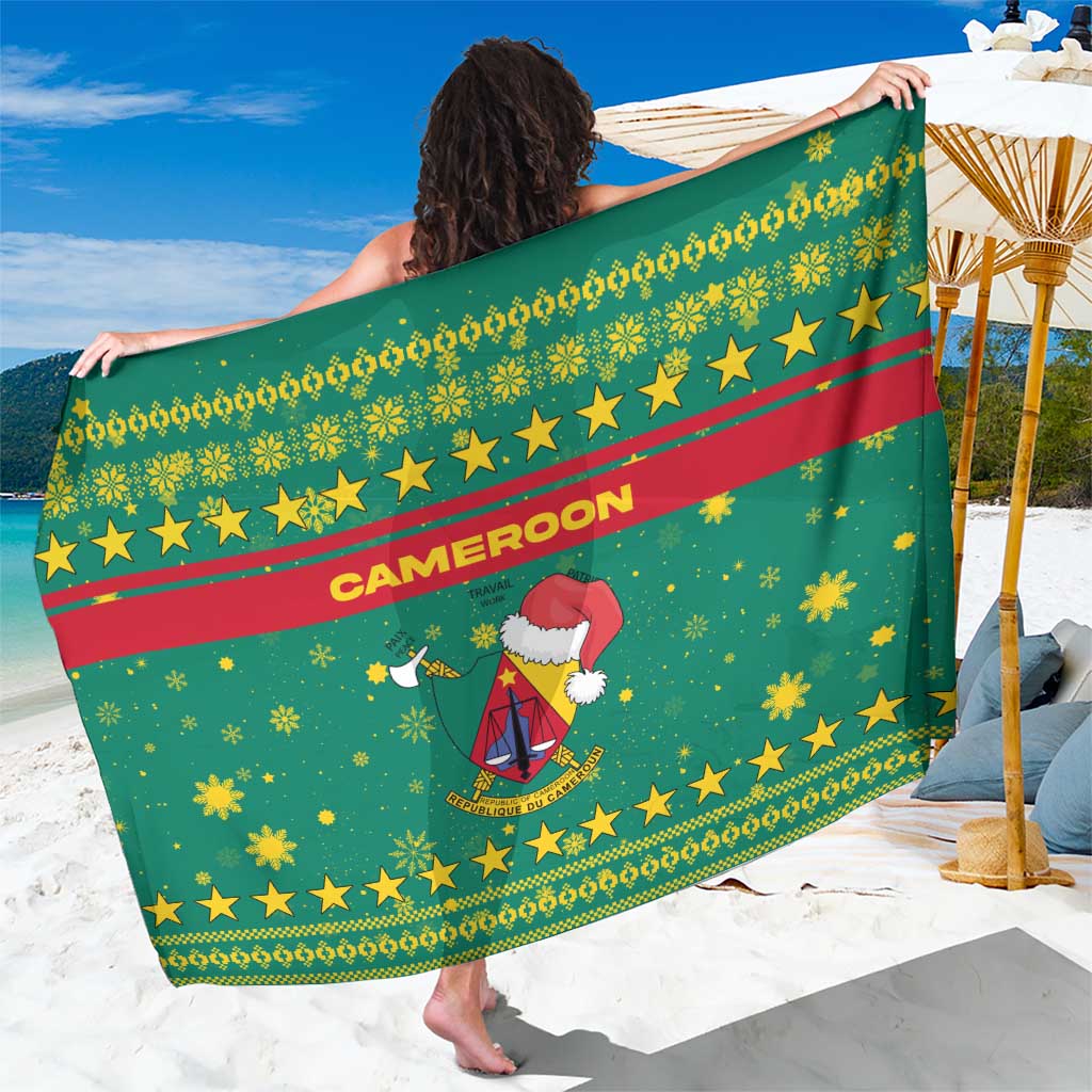 Cameroon Christmas Sarong with Green Red Pattern Coat of Arms Santa Hat and Stars Motif - Wonder Print Shop