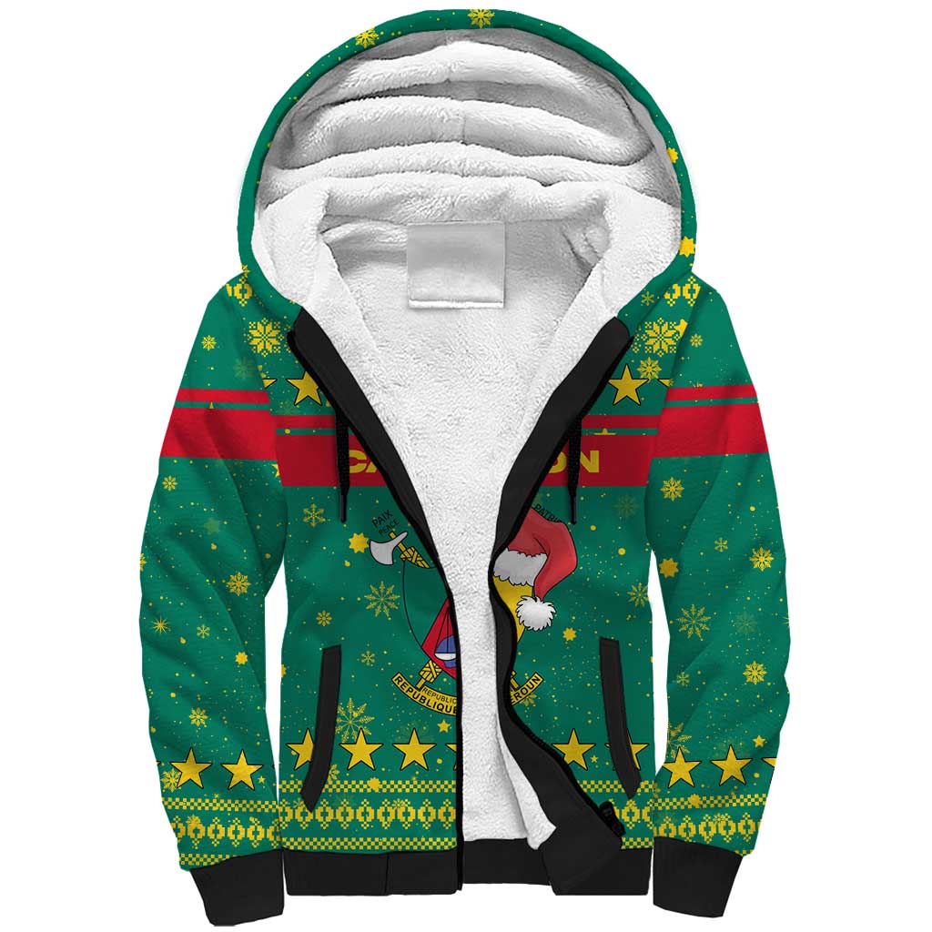 Cameroon Christmas Sherpa Hoodie with Green Red Pattern Coat of Arms Santa Hat and Stars Motif - Wonder Print Shop