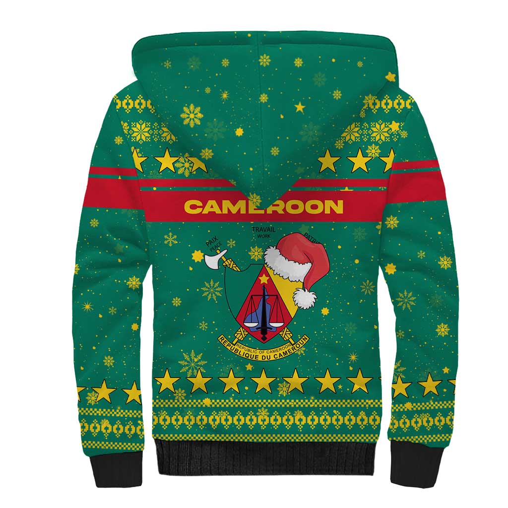 Cameroon Christmas Sherpa Hoodie with Green Red Pattern Coat of Arms Santa Hat and Stars Motif - Wonder Print Shop