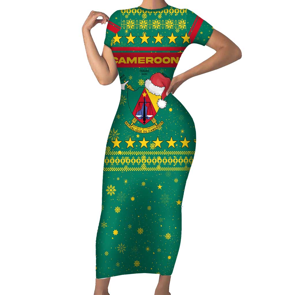 Cameroon Christmas Short Sleeve Bodycon Dress with Green Red Pattern Coat of Arms Santa Hat and Stars Motif - Wonder Print Shop