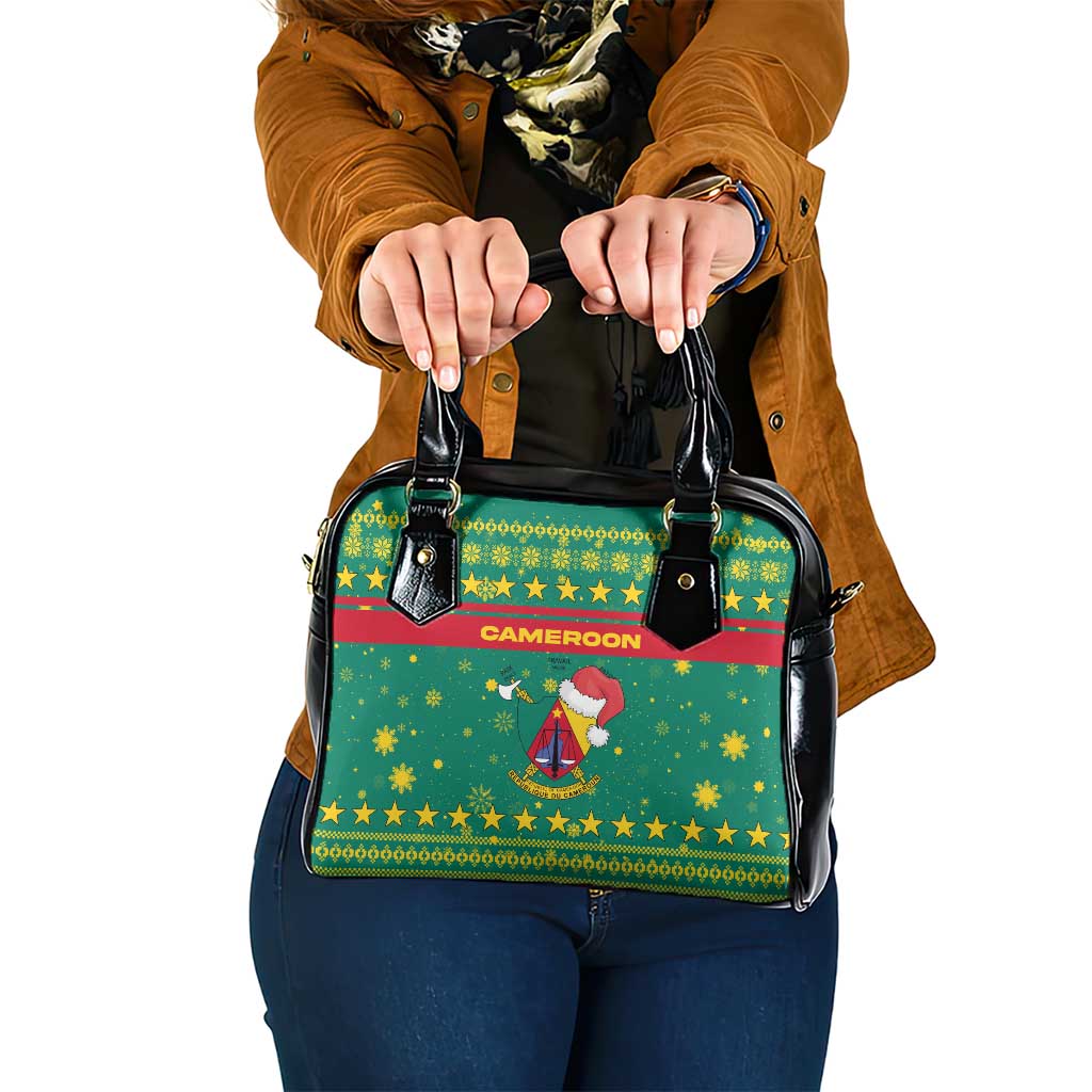 Cameroon Christmas Shoulder Handbag with Green Red Pattern Coat of Arms Santa Hat and Stars Motif - Wonder Print Shop