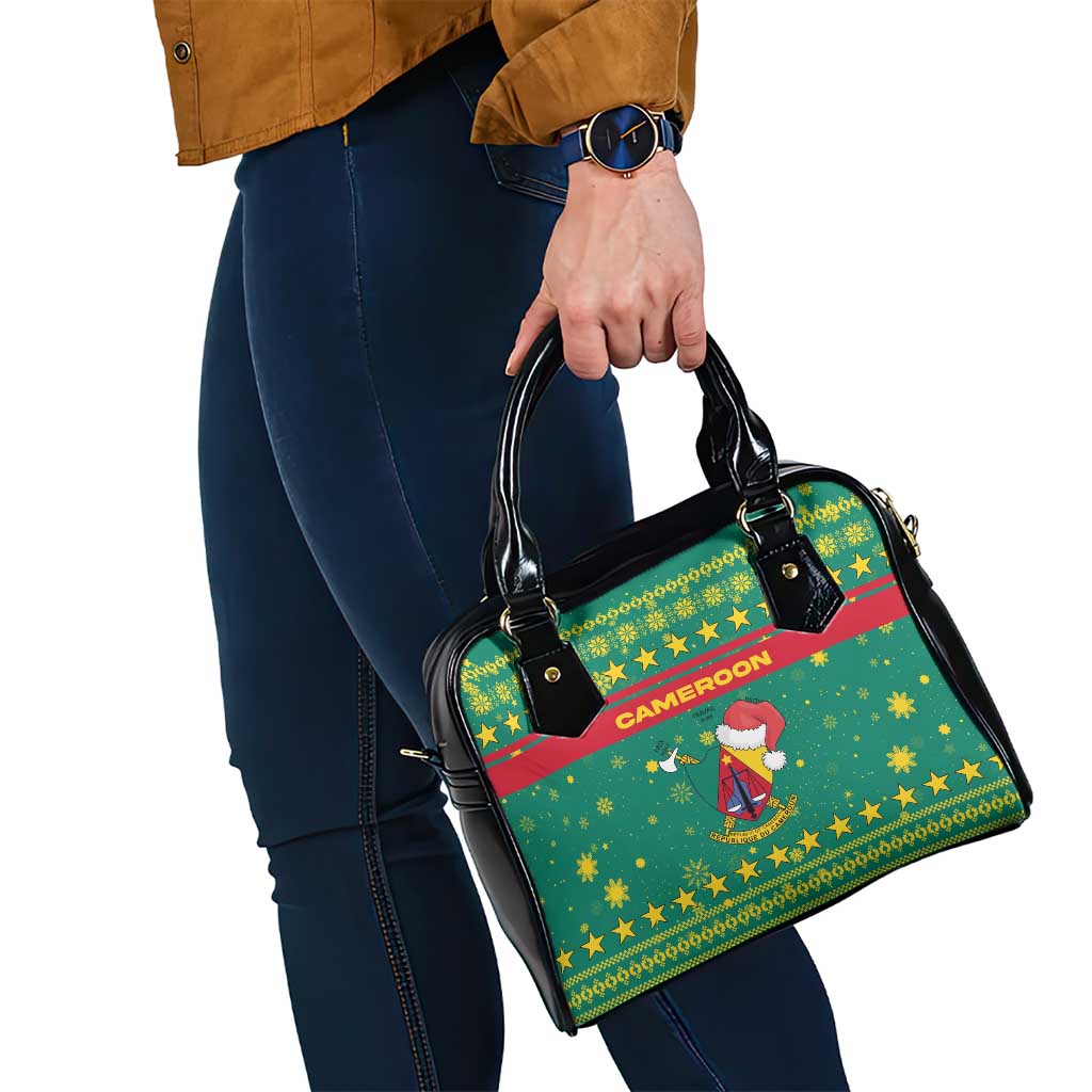 Cameroon Christmas Shoulder Handbag with Green Red Pattern Coat of Arms Santa Hat and Stars Motif - Wonder Print Shop