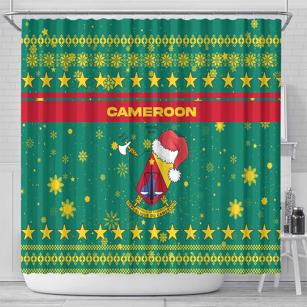 Cameroon Christmas Shower Curtain with Green Red Pattern Coat of Arms Santa Hat and Stars Motif - Wonder Print Shop