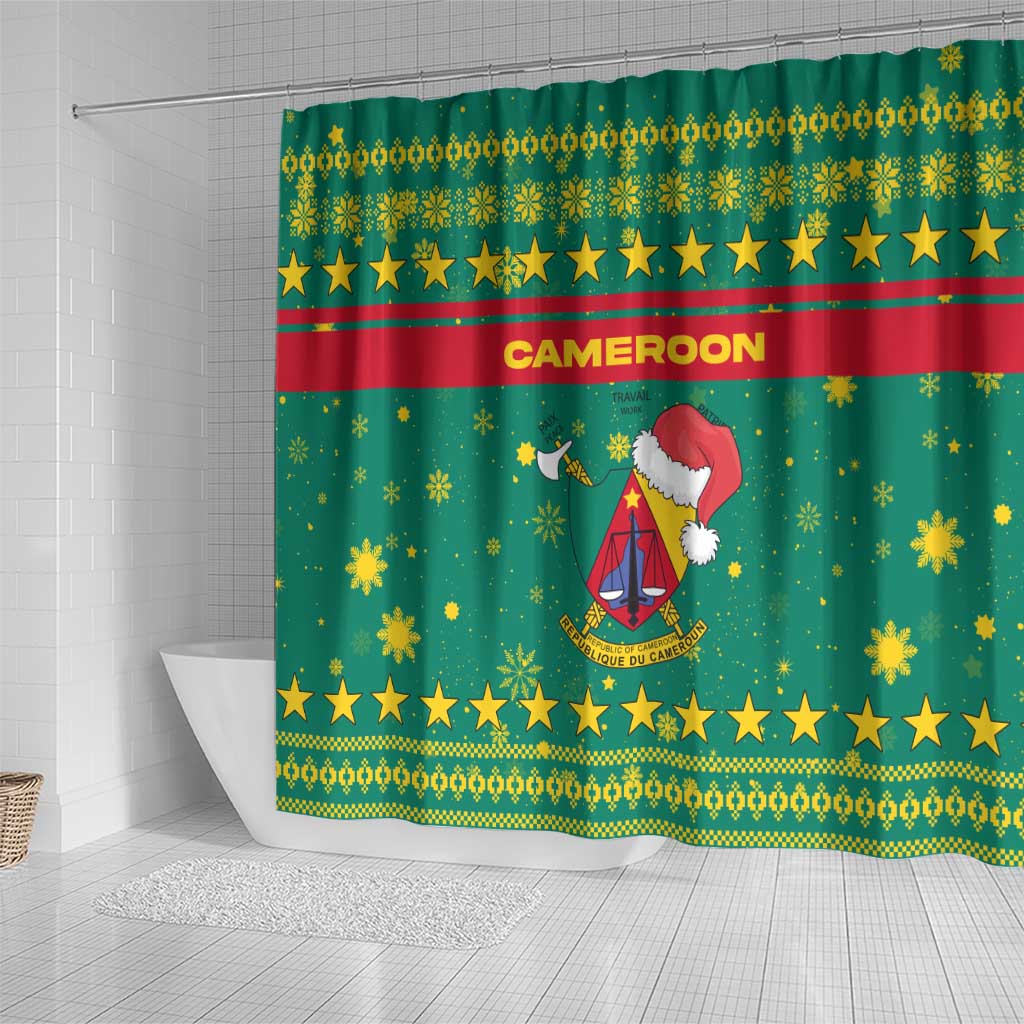 Cameroon Christmas Shower Curtain with Green Red Pattern Coat of Arms Santa Hat and Stars Motif - Wonder Print Shop