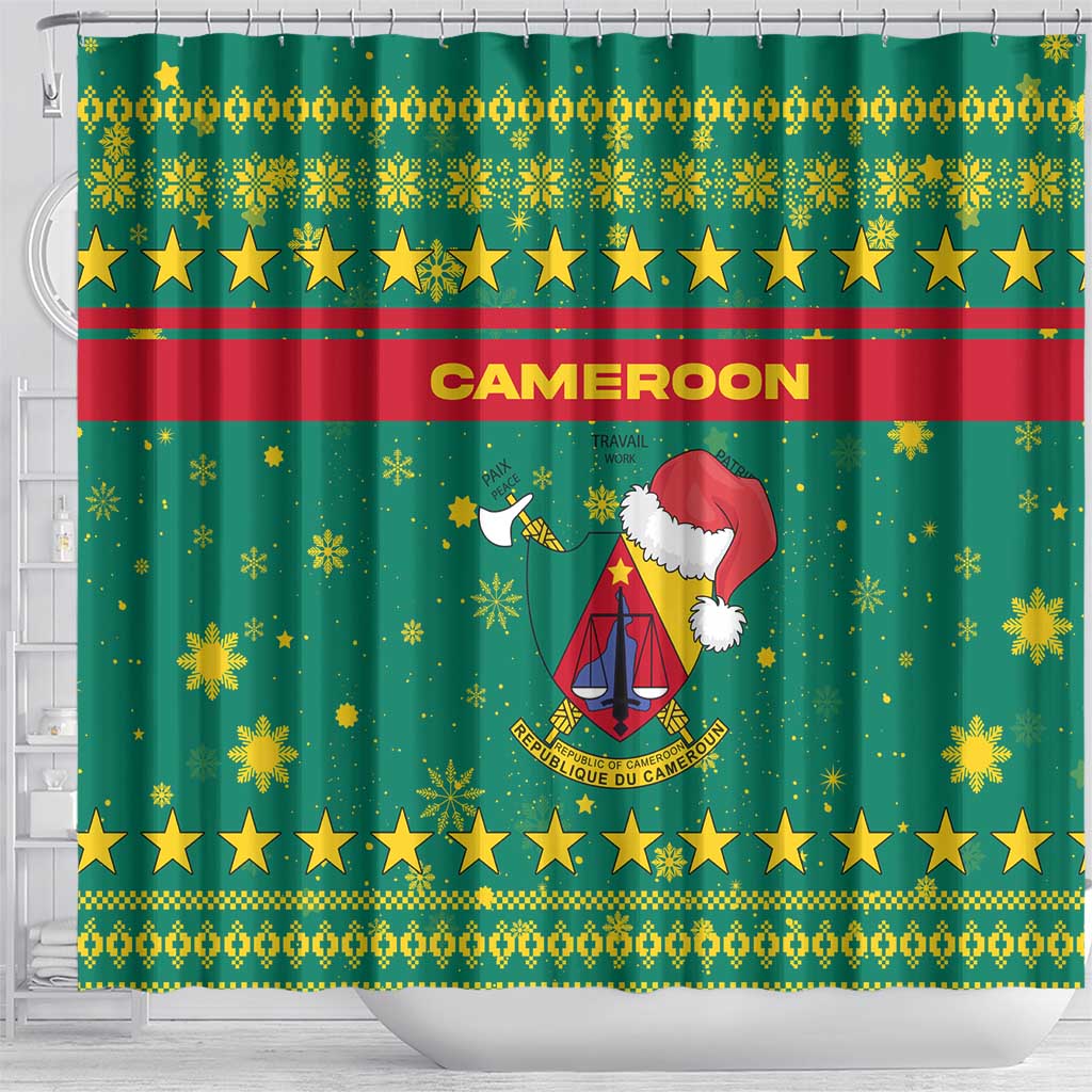 Cameroon Christmas Shower Curtain with Green Red Pattern Coat of Arms Santa Hat and Stars Motif - Wonder Print Shop