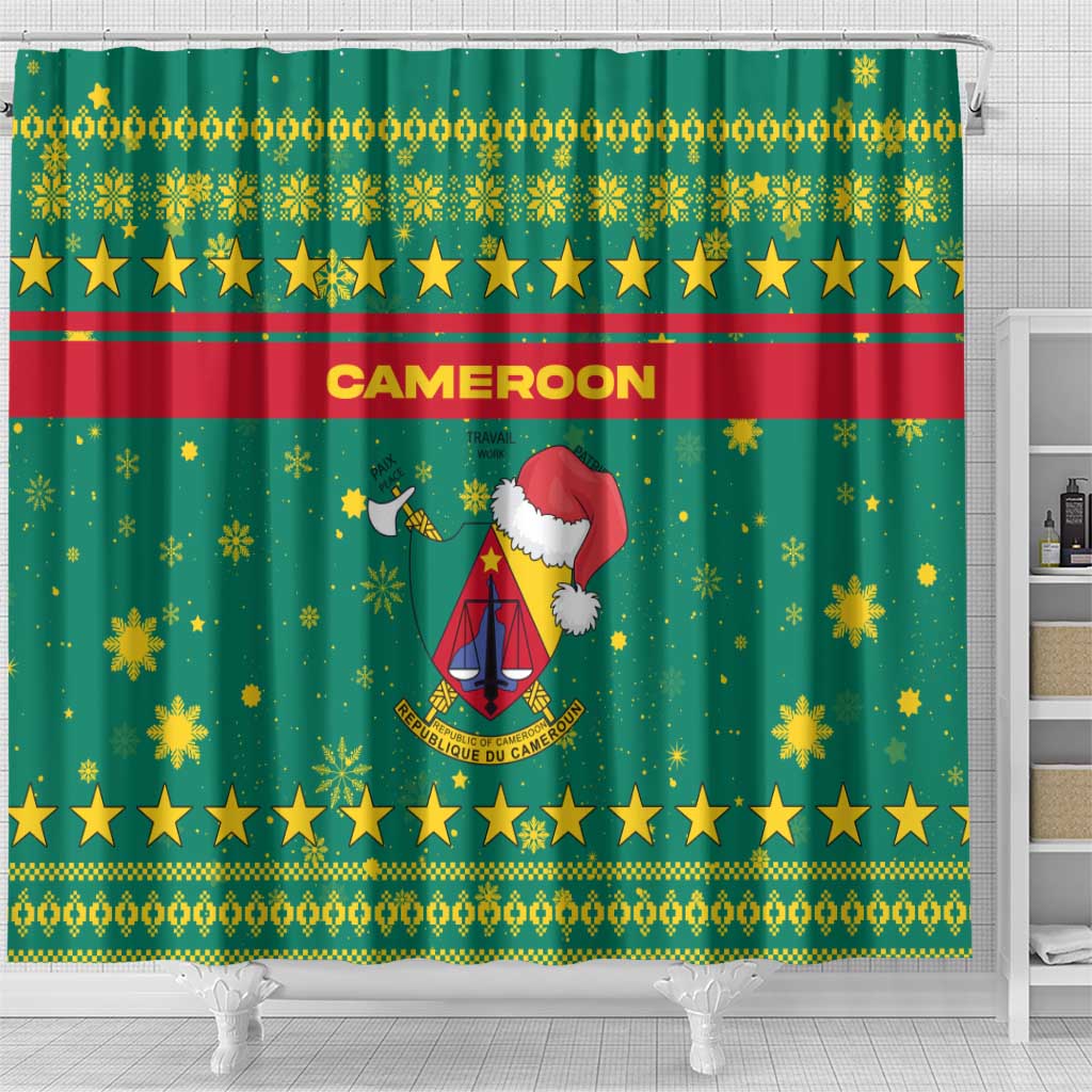 Cameroon Christmas Shower Curtain with Green Red Pattern Coat of Arms Santa Hat and Stars Motif - Wonder Print Shop