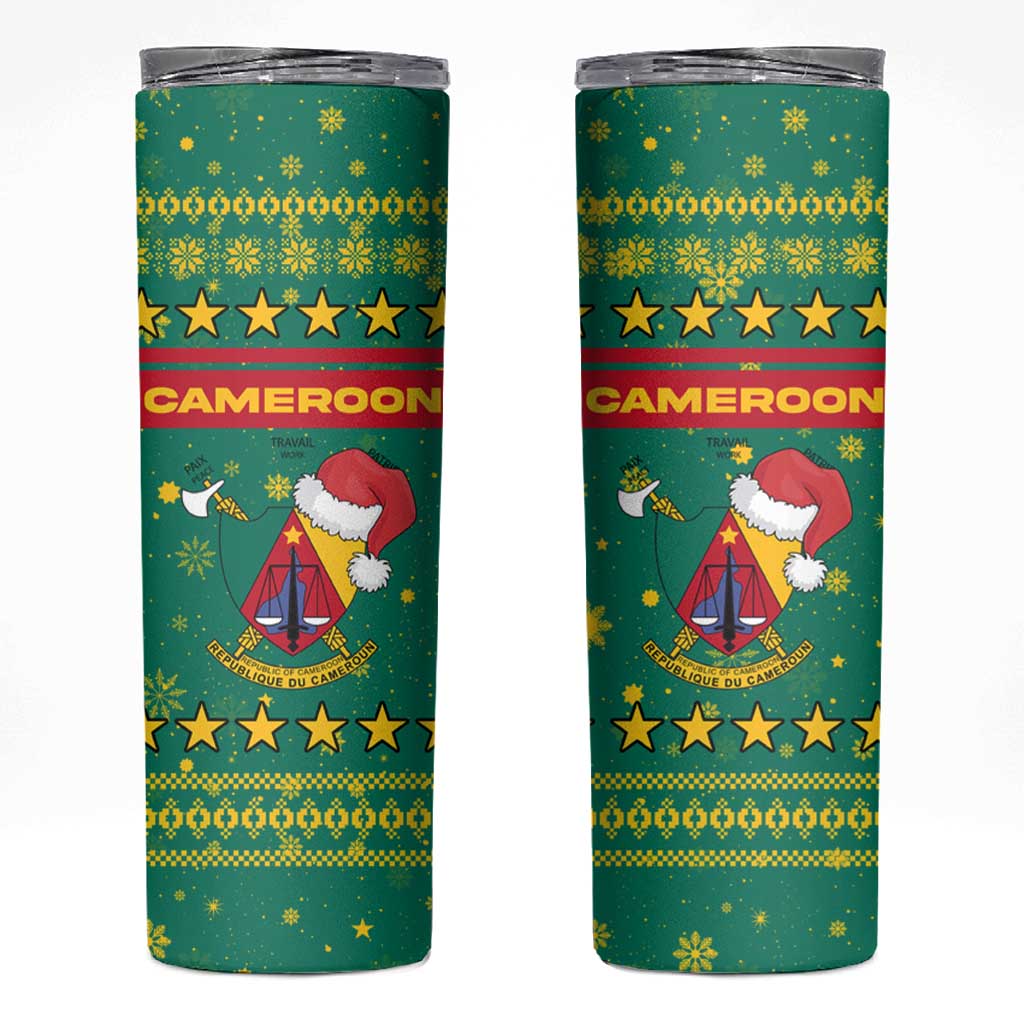 Cameroon Christmas Skinny Tumbler with Green Red Pattern Coat of Arms Santa Hat and Stars Motif - Wonder Print Shop