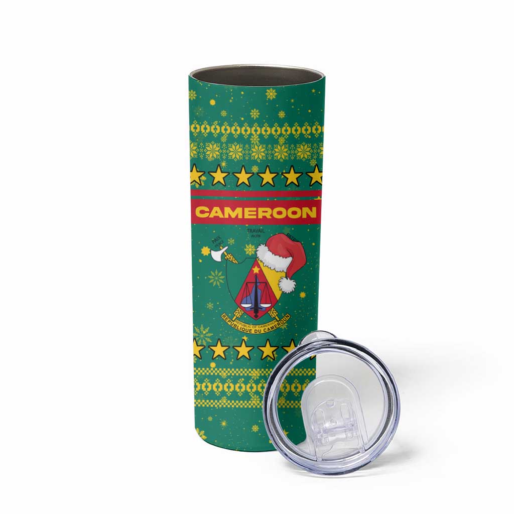 Cameroon Christmas Skinny Tumbler with Green Red Pattern Coat of Arms Santa Hat and Stars Motif - Wonder Print Shop