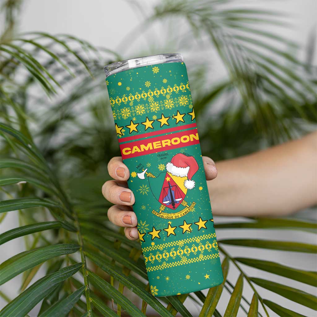 Cameroon Christmas Skinny Tumbler with Green Red Pattern Coat of Arms Santa Hat and Stars Motif - Wonder Print Shop