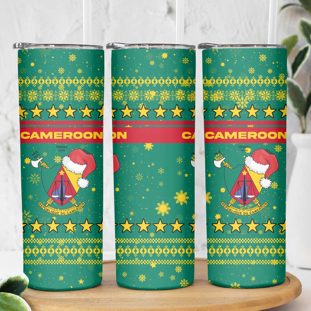 Cameroon Christmas Skinny Tumbler with Green Red Pattern Coat of Arms Santa Hat and Stars Motif - Wonder Print Shop