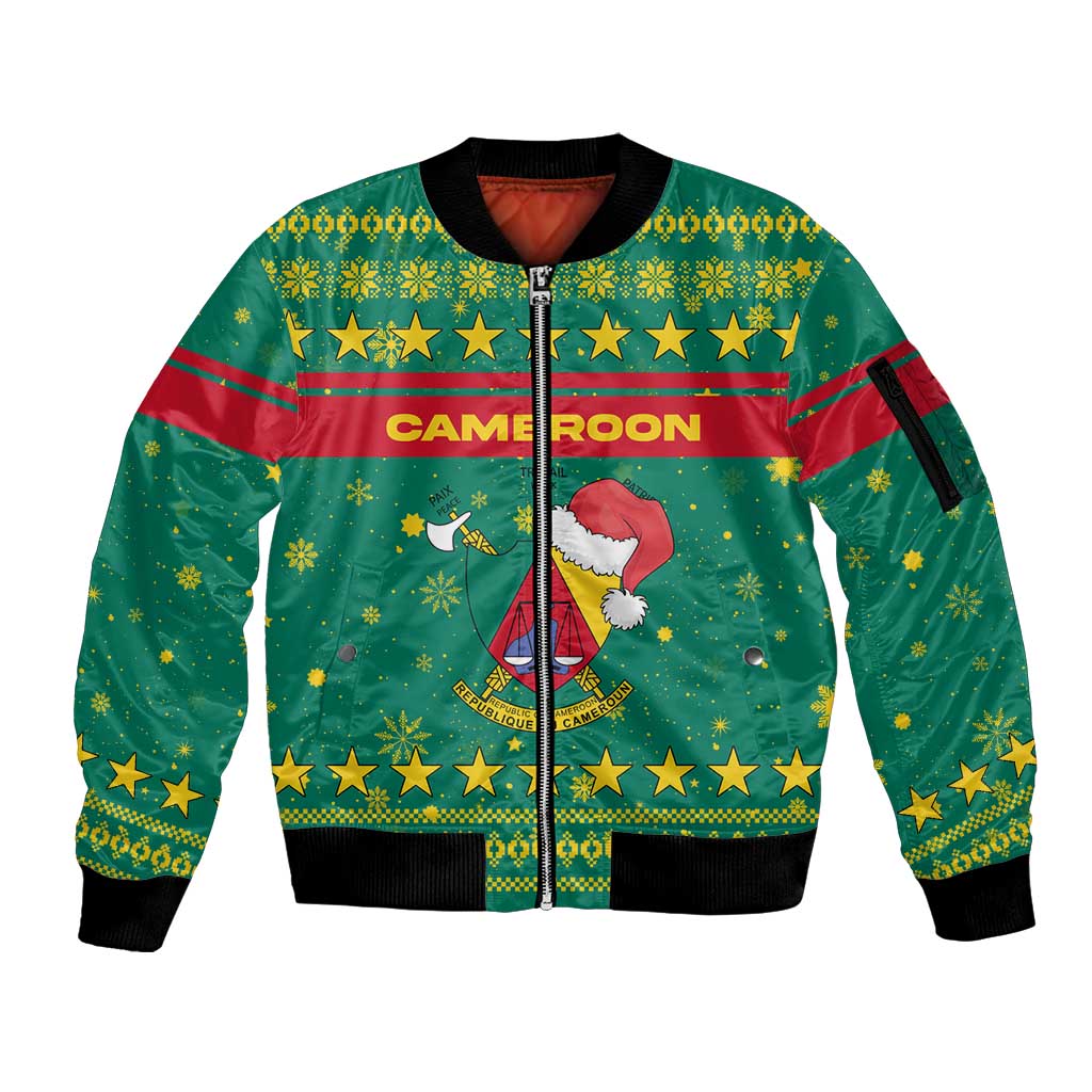 Cameroon Christmas Sleeve Zip Bomber Jacket with Green Red Pattern Coat of Arms Santa Hat and Stars Motif - Wonder Print Shop