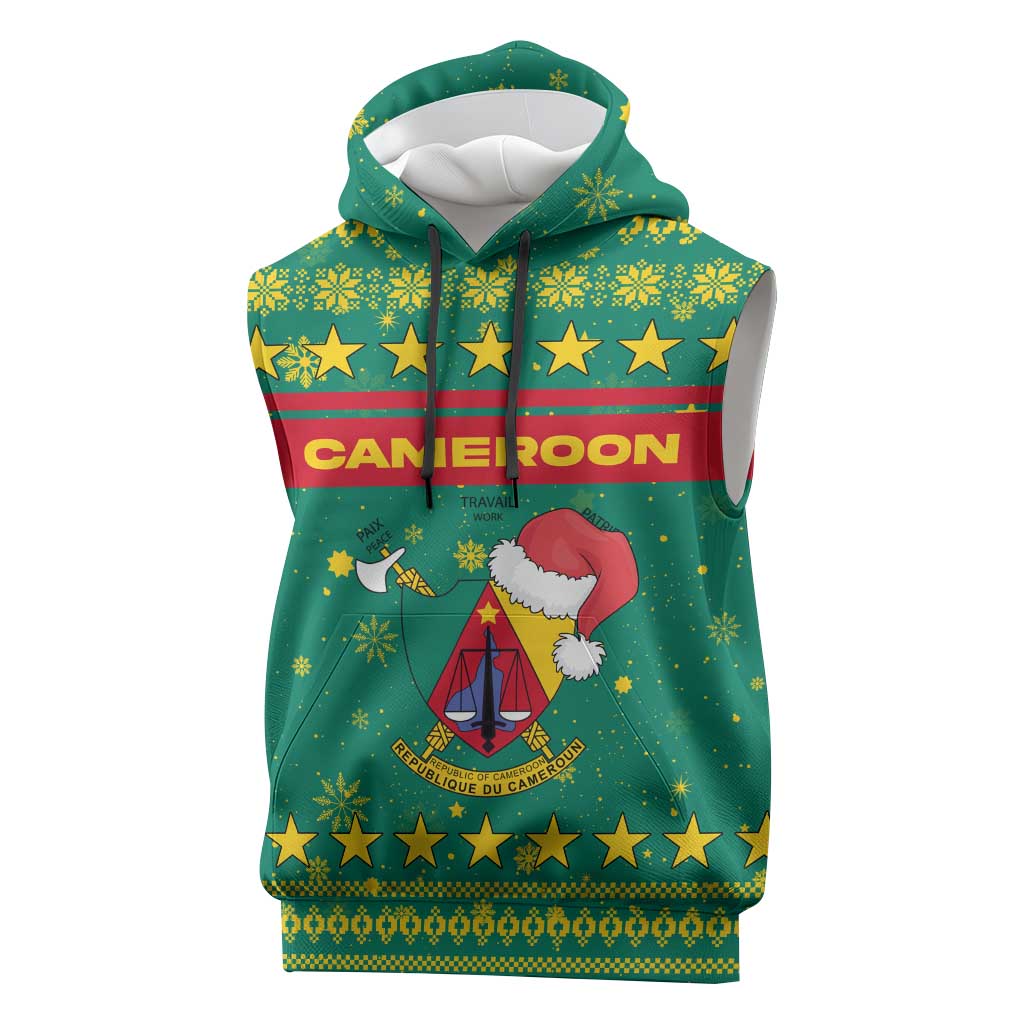 Cameroon Christmas Sleeveless Hoodie with Green Red Pattern Coat of Arms Santa Hat and Stars Motif - Wonder Print Shop