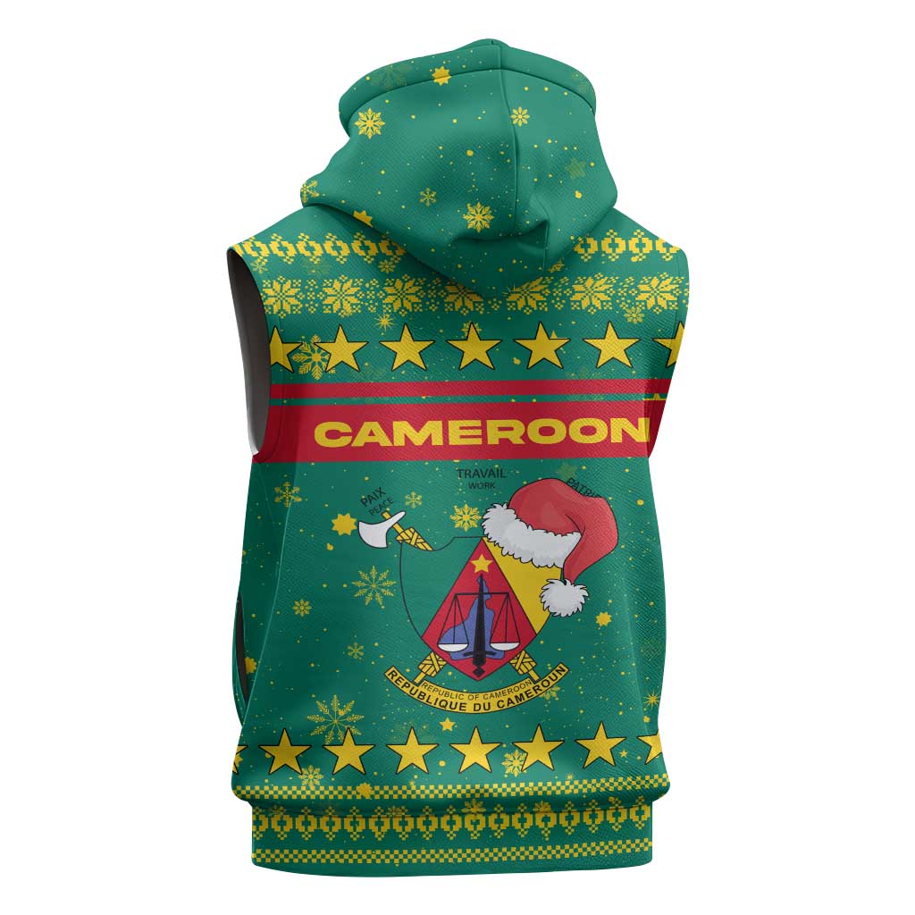Cameroon Christmas Sleeveless Hoodie with Green Red Pattern Coat of Arms Santa Hat and Stars Motif - Wonder Print Shop