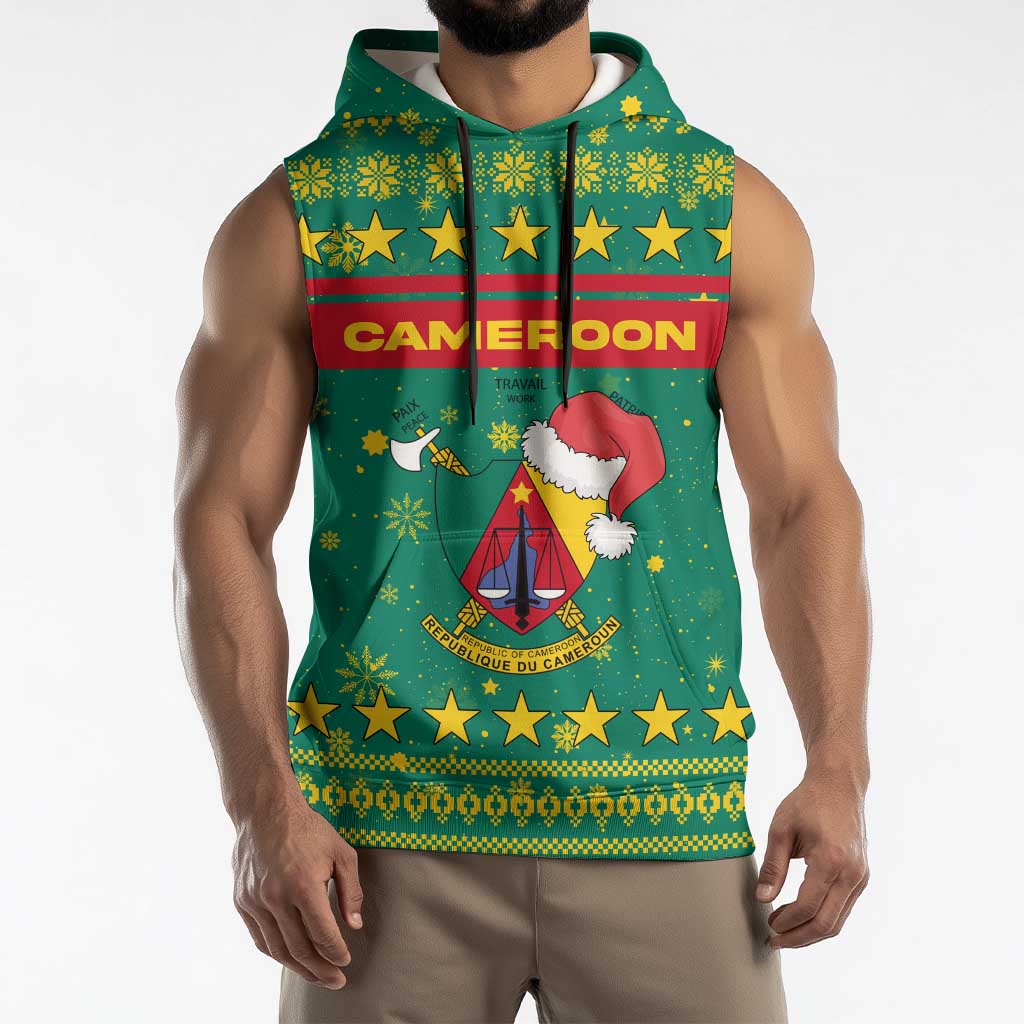 Cameroon Christmas Sleeveless Hoodie with Green Red Pattern Coat of Arms Santa Hat and Stars Motif - Wonder Print Shop